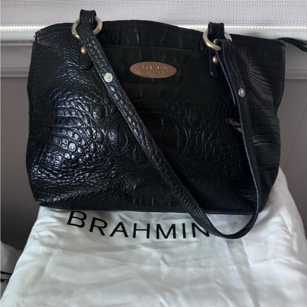 Brahmin Black Croc-Embossed Shoulder Bag